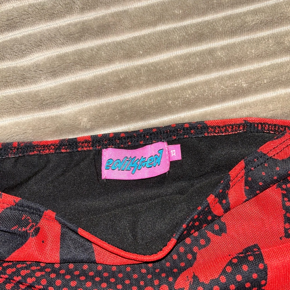 EDIKTED RED AND BLACK MESH POLKA DOT Y2K GRUNGE GRAPHIC LACE UP MINI SKIRT - Picture 7 of 11